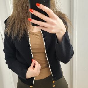 Elegant Black Women's Blazer with Pearl Trim